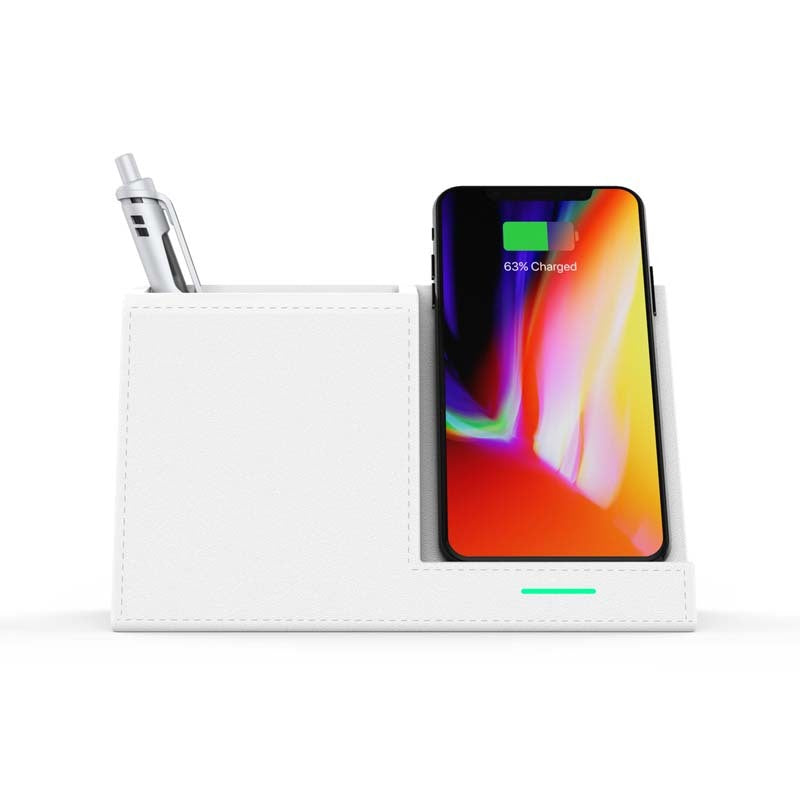 Wireless Charging Station with Leather Pen Holder