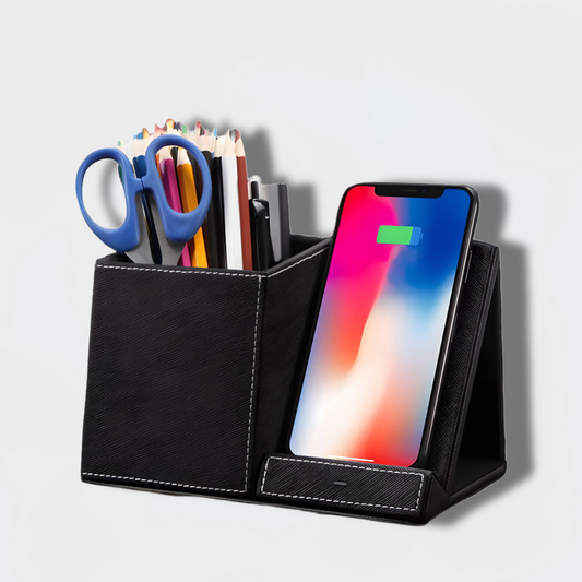 Wireless Charging Station with Leather Pen Holder
