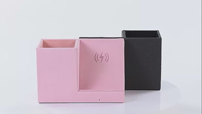 Wireless Charging Station with Leather Pen Holder